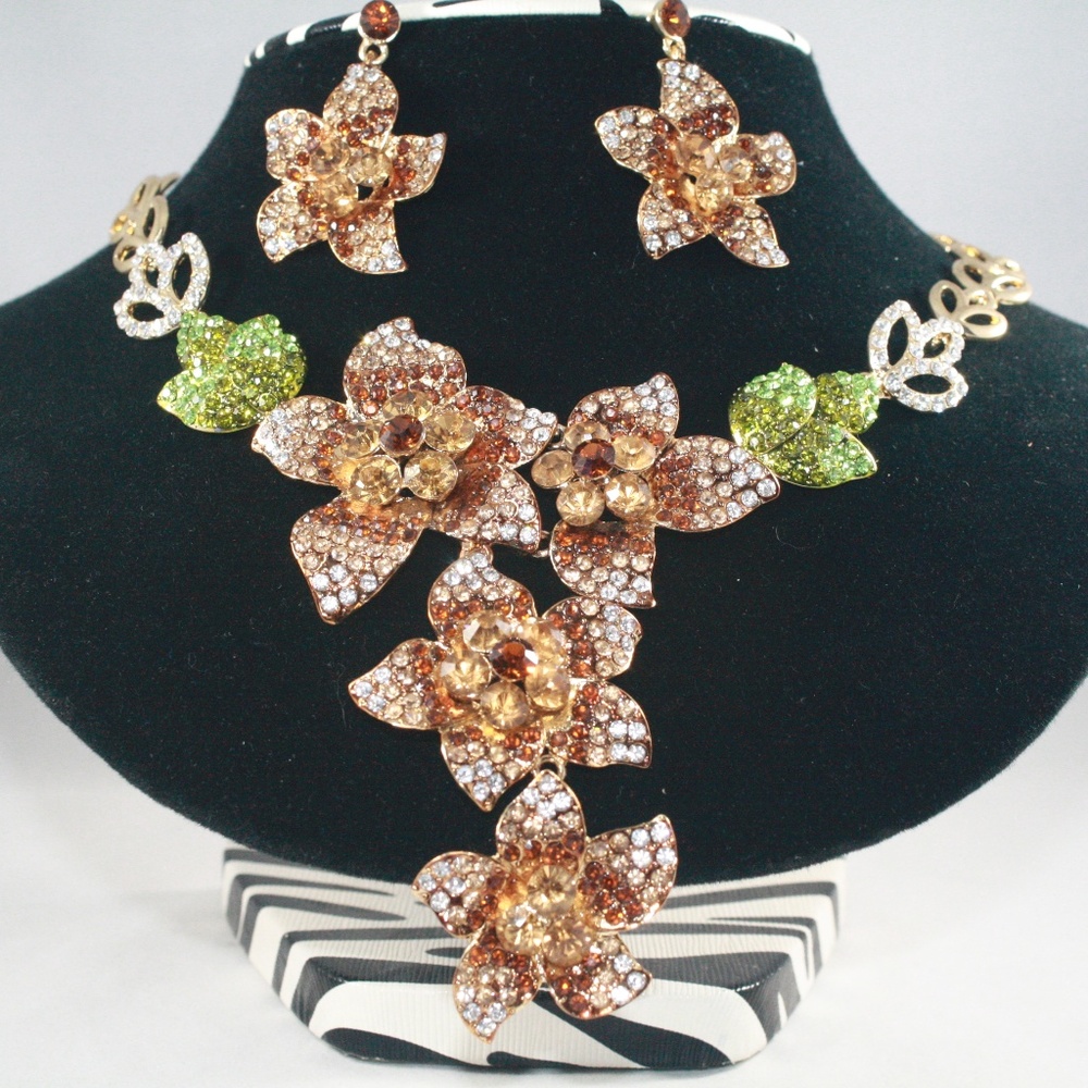 Gold brown crystal statement earrings necklace set